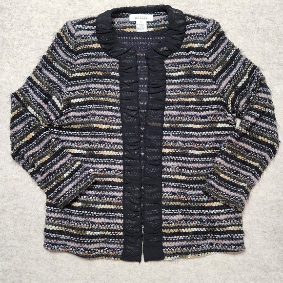 Exclusively Misook Knit Cardigan Black Multicolor Ruffle Front - Large - Picture 1 of 10